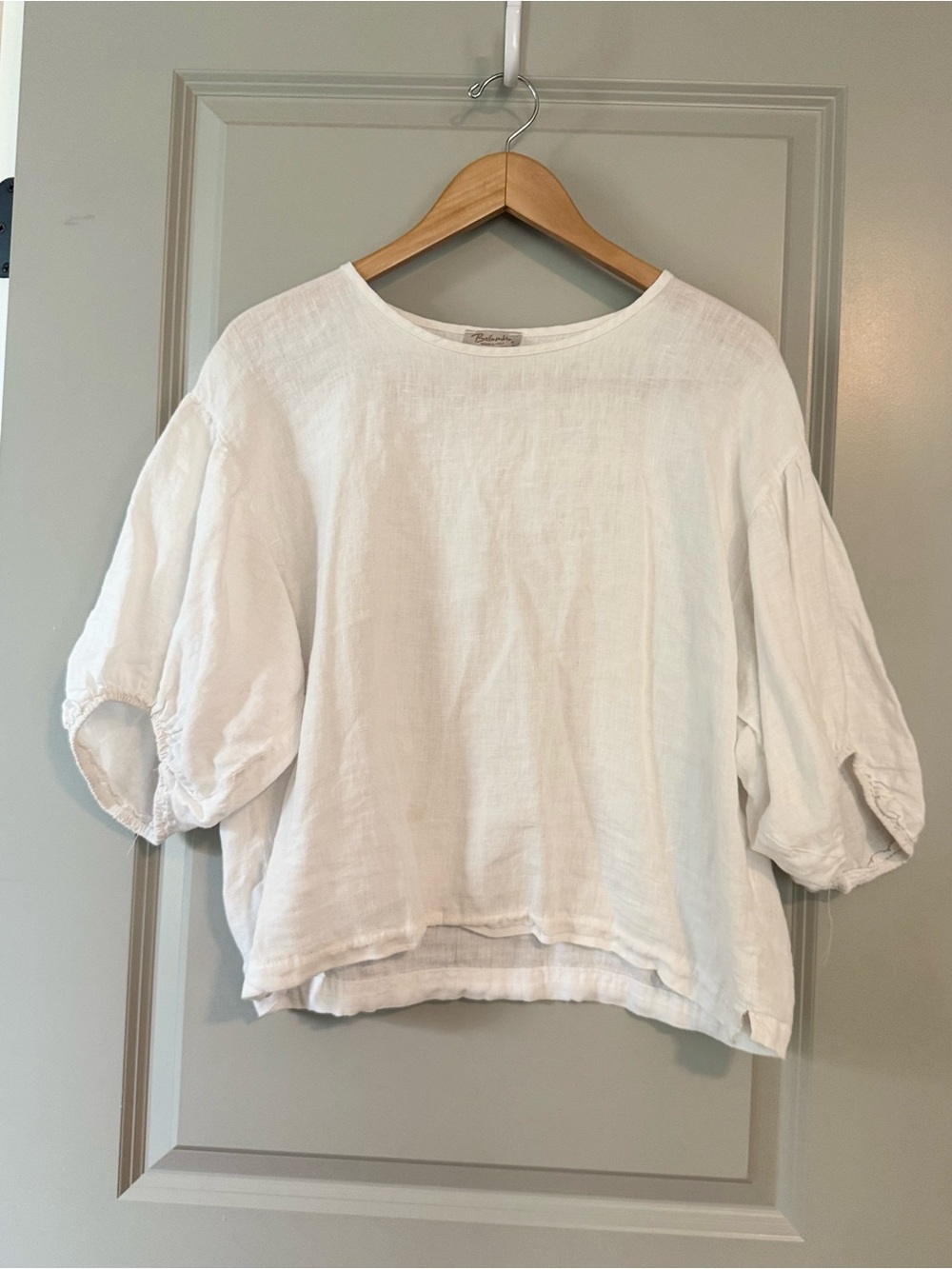 White Italian Linen Puff-Sleeve Relaxed Top